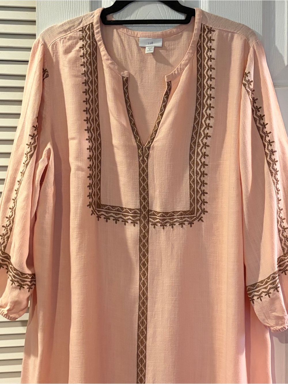 J Jill 1X Embroidered Linen Blend Dress Peach Brown Fall Boho Midi 3/4 Sleeve - Picture 3 of 11